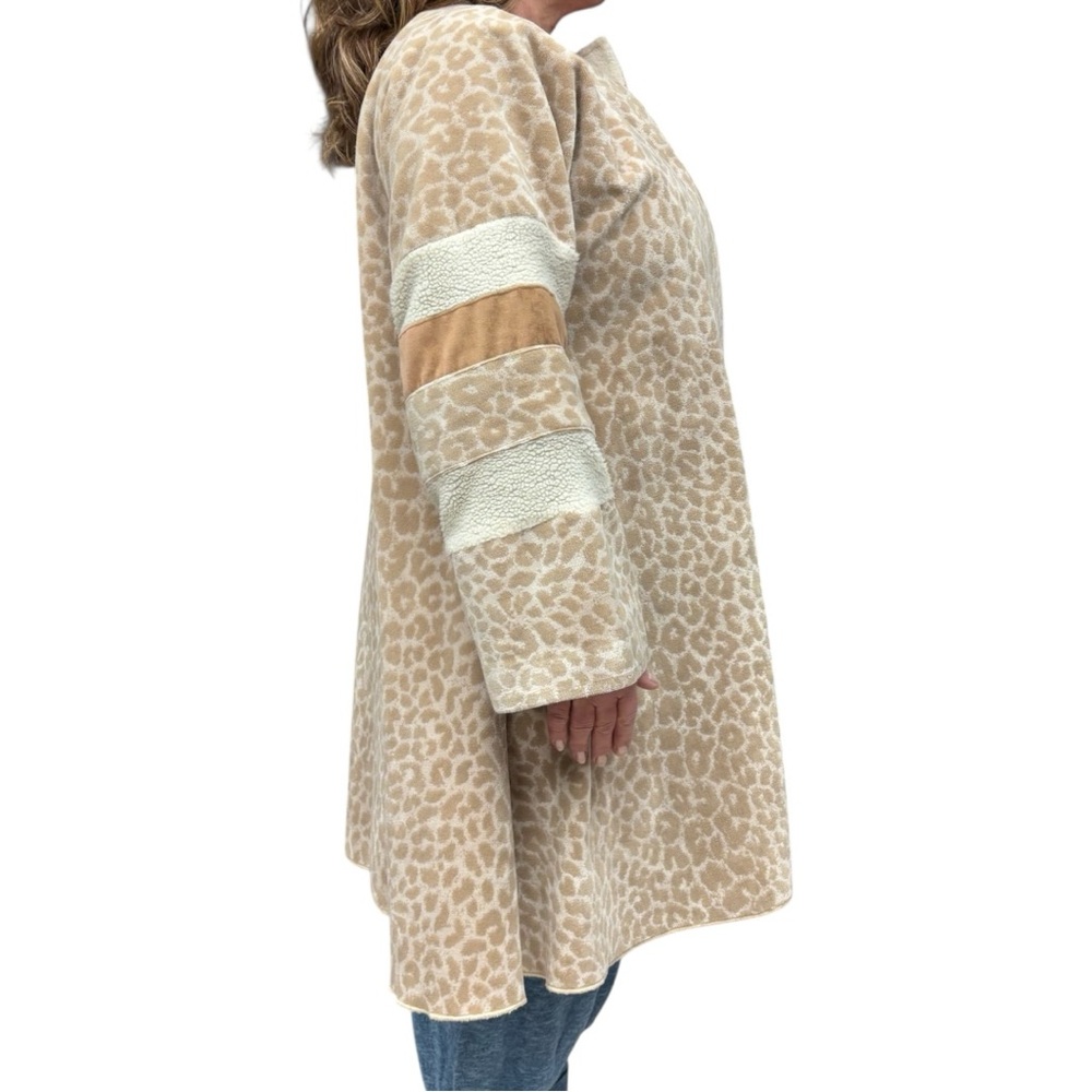 Vintage Beige Leopard Print Open Front Coat Textured Sleeve Stripes Handmade - Picture 6 of 11